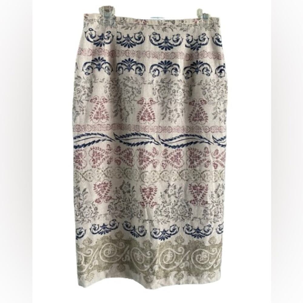 Vintage 90s Norton McNaughton Petite Damask Print Midi Pencil Skirt Beige 12P